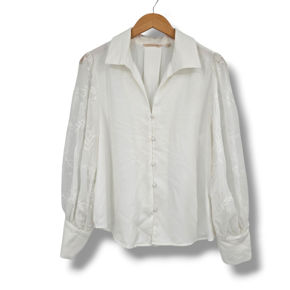 Soft Surroundings Ivory Embroidered Sheer Puff Sleeve Button Front Blouse PM